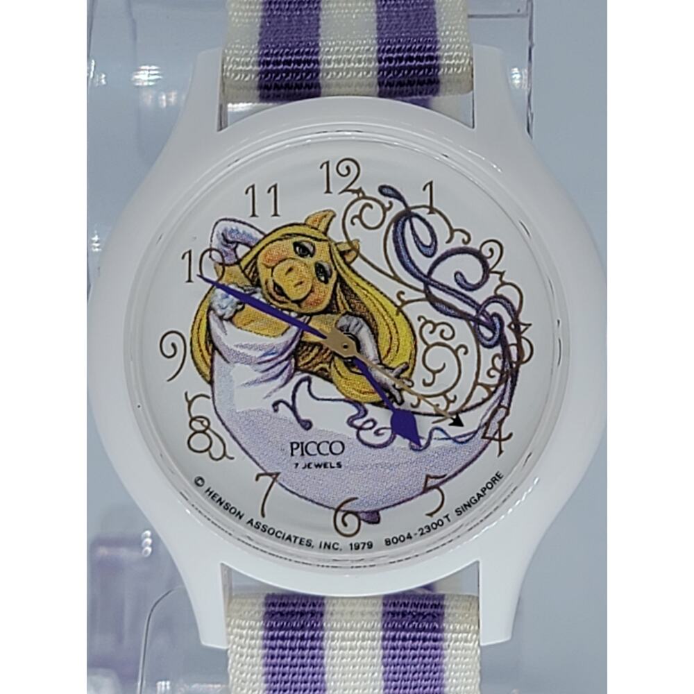 Vintage Picco Ms Piggy Watch Women Purple White Round Nylon Band Manual Wind